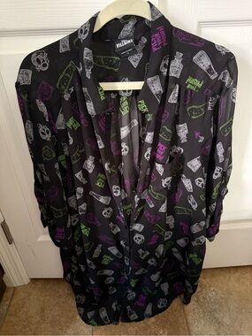 torrid Black Sheer Button-Up Blouse with Purple & Lime Green Print
